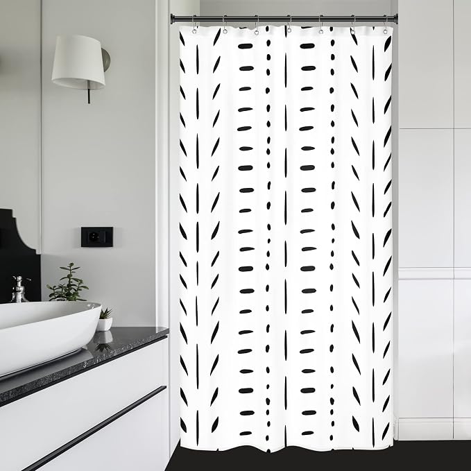 Riyidecor Boho White Black Stall Small Half Size Dorm Shower Curtain 36x72 Inch Striped Geometric Chevron Herringbone Single Narrow Tiny Walkin Stand Up Decor Fabric Bathroom Set Polyester Waterproof