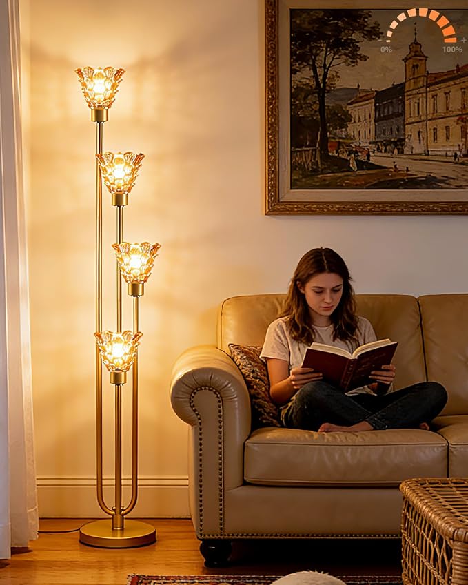 63IN 4-Lights Glass Floor Lamp Modern Dimmable Floor Lamps with Amber Glass Shade& Warm White Bulbs for Wedding/Party, Gold Tall Standing Lamp with 5Lbs Heavy Base for Living Room/Bedroom