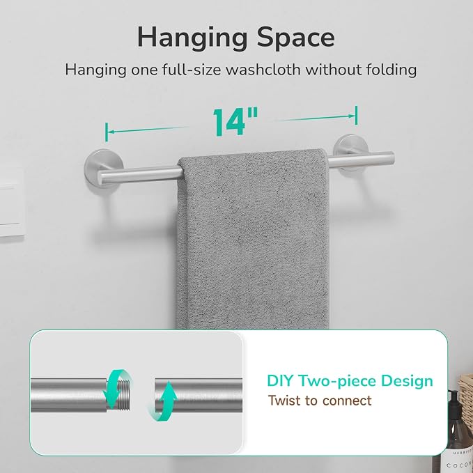 USHOWER Brushed Nickel Towel Bar, 14-Inch Towel Rack for Bathroom Wall Mounted, Thicken SUS304 Stainless Steel Towel Rod Modern Home Decor (Total Length 16-Inch)
