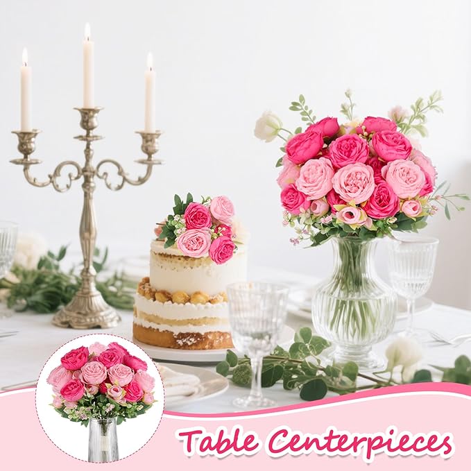 Olgaa 12 Bundles Peonies Artificial Flowers Artificial Peonies Silk Flowers Bulk Fake Peony Bouquet for Bridal Shower Decorations Wedding Table Centerpiece (Double Pink)