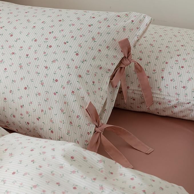 EAVD Cotton Duvet Cover King Size Floral Duvet Cover Set Garden Small Pink Floral Bedding Set with 2 Pillowcases Chic Shabby Botanical Pattern Duvet Cover with Zipper Closure