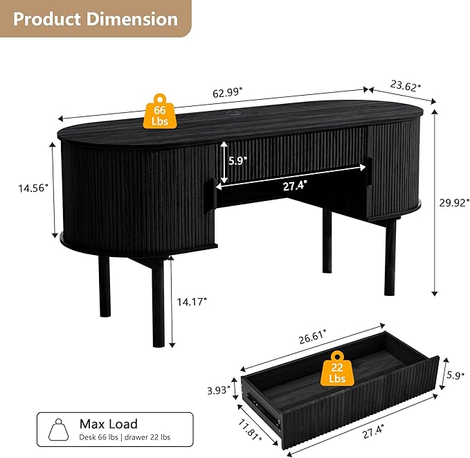 Home Office Oval Desk with Sliding Tambour Door and Drawer, Modern Fluted Wood Executive Computer Storage Desk for Study, Living Room, Bedroom, Office - Black
