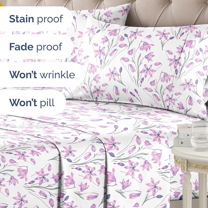 Floral Sheets - Pink Floral Bed Sheet Set - 1 Flat & 1 Fitted & 2 Pillowcases w/ Deep Pockets - Comfy, Wrinkle & Fade Free - Boho Botanical Bedding - Ultra-Soft, Breathable & Cooling - Full Size Set