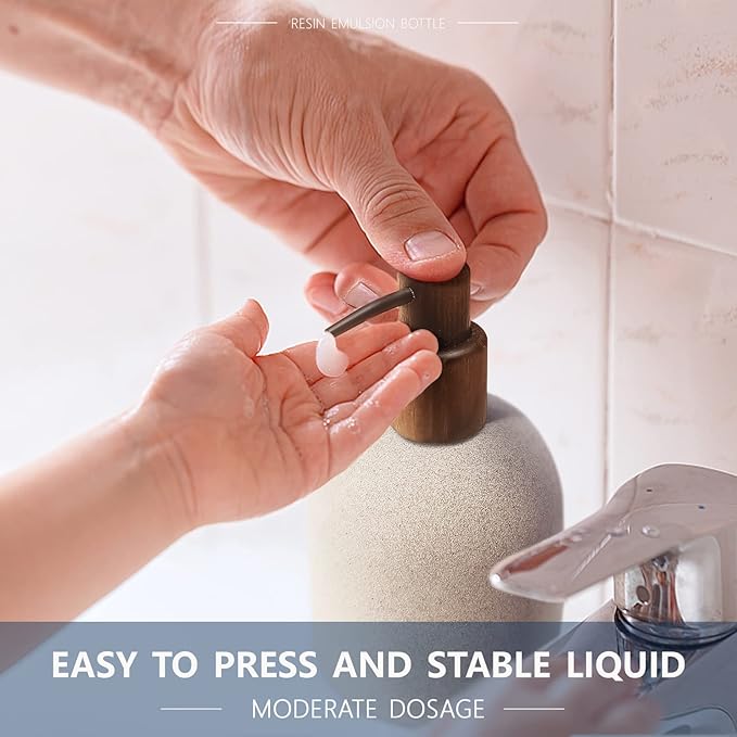 250ml Japanese Style Resin Soap Dispenser Bathroom, Easy to Fill Washing Up for Kitchen Sink, Refillable Shampoo and Conditioner Bottles with Wooden Pump