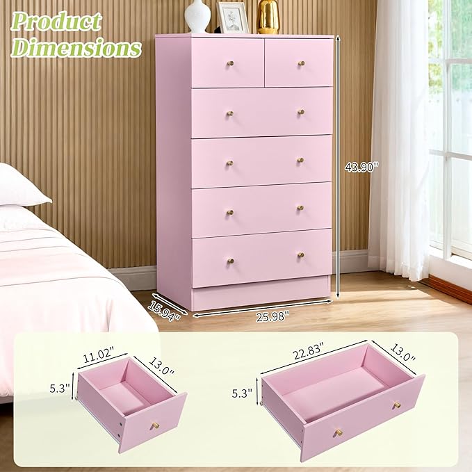 Karl home Pink 6 Drawer Dresser for Bedroom, Tall Dresser Chest of Drawers, Rustic Wood Bedroom Dressers Clothes Organizer, Anti-Tipping Device, Rose Gold Metal Handle, Living Room, Entryway, Office