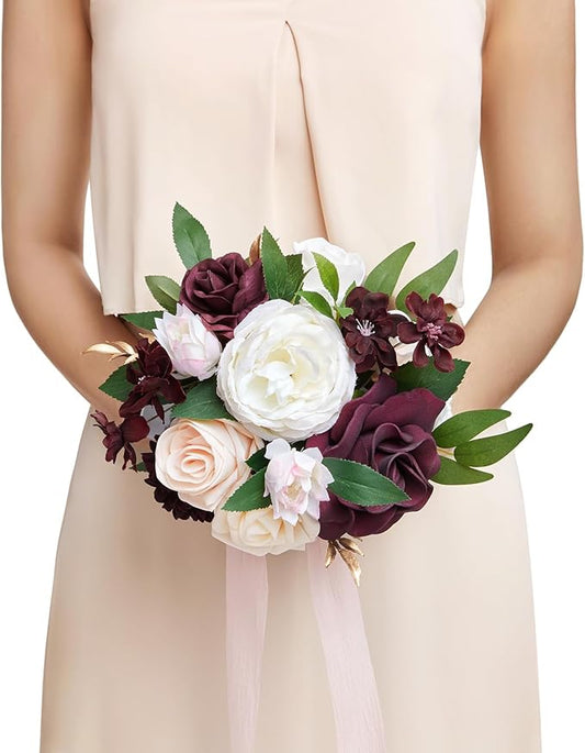 Ling's moment Artificial Flowers Red Bridesmaid Bouquet, Marsala & Blush Wedding Flowers Bouquets for Bridesmaids, 7 Inch Bridal Bouquets for Bridesmaids, Wedding Decor, Ceremony, etc