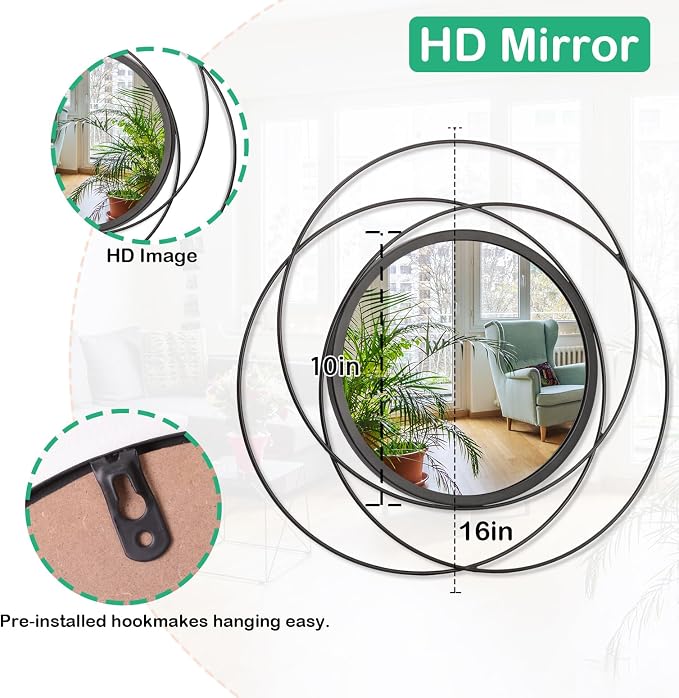 Mirrors Wall Decor Iron Frame Round Art Wall Mirrors Home Decoration Hanging Mirrors for Living Room Bedroom Bathroom Entryway Black 16"