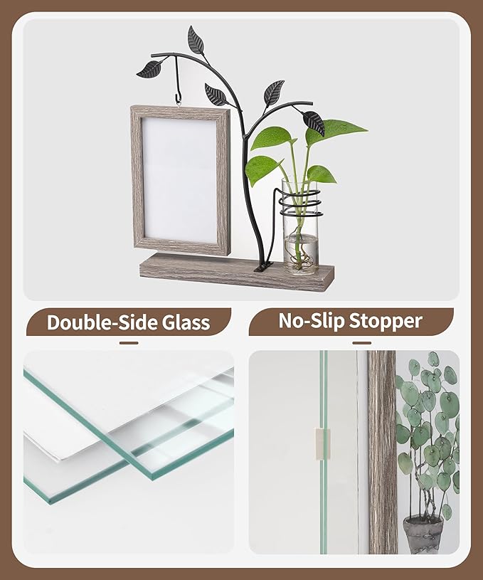 Afuly 4x6 Picture Frame Family Picture Frames with Glass Bud Vase for Plants Flowers, Rustic Floating Frame with Double Glass Tabletop Display Anniversary Wedding Mothers Day Birthday Gifts