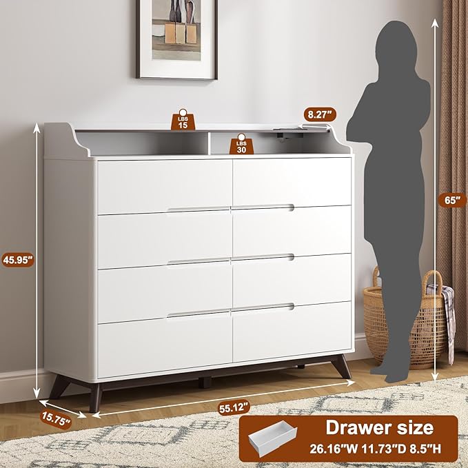 Dresser for Bedroom with 8 Drawers, 55" Large Dresser & Chest of Drawers with Charging Station, Wood Closet Clothes Storage Tall Dressers Organizer for Bedroom Living Room Hallway, White
