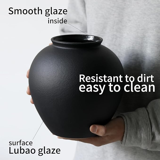 Large Black Ceramic Flower Vase,Decorative Jar Flower Vase, Decorative Jar Modern Centerpiece Table Decorations,Rustic Ceramic vases for Home Decor Dining Room (Black, 0617)