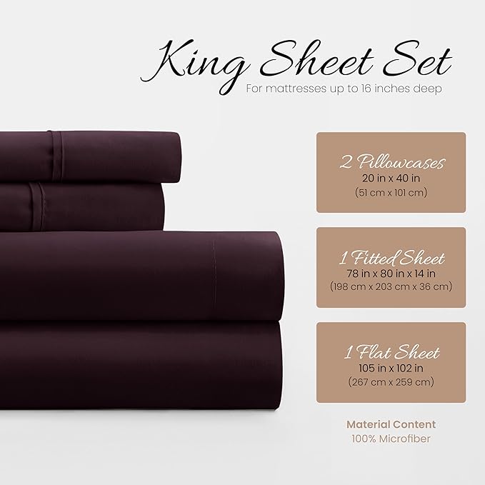 Linen Market Brushed Microfiber King Sheet Set 4 Piece – Oeko-TEX Certified Ultra Soft & Wrinkle-Free - 16" Deep Pocket Sheets - Easy Care King Size - Purple