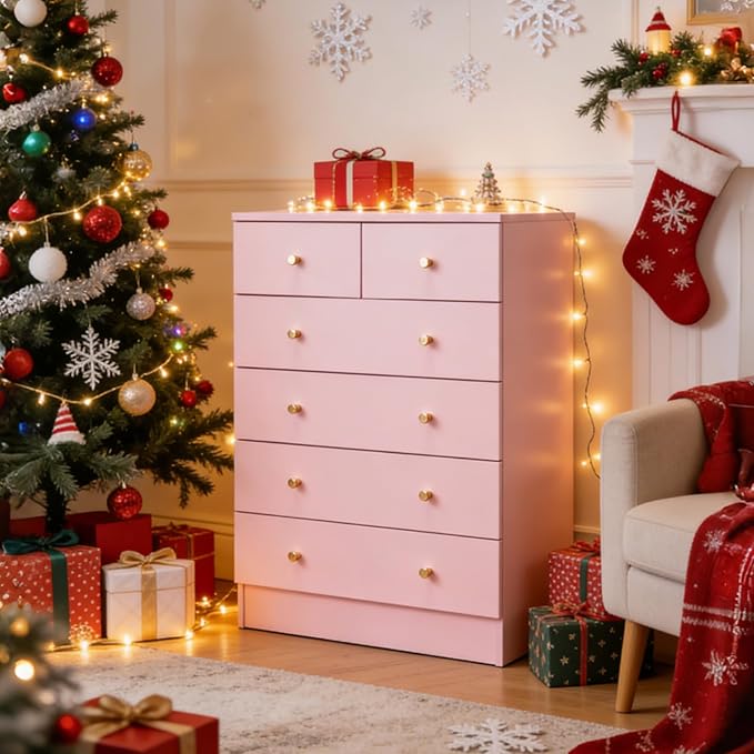 Karl home Pink 6 Drawer Dresser for Bedroom, Tall Dresser Chest of Drawers, Wood Pink Bedroom Dressers for Girls, Anti-Tipping Device, Rose Gold Metal Handle, Living Room, Entryway, Hallway, Office