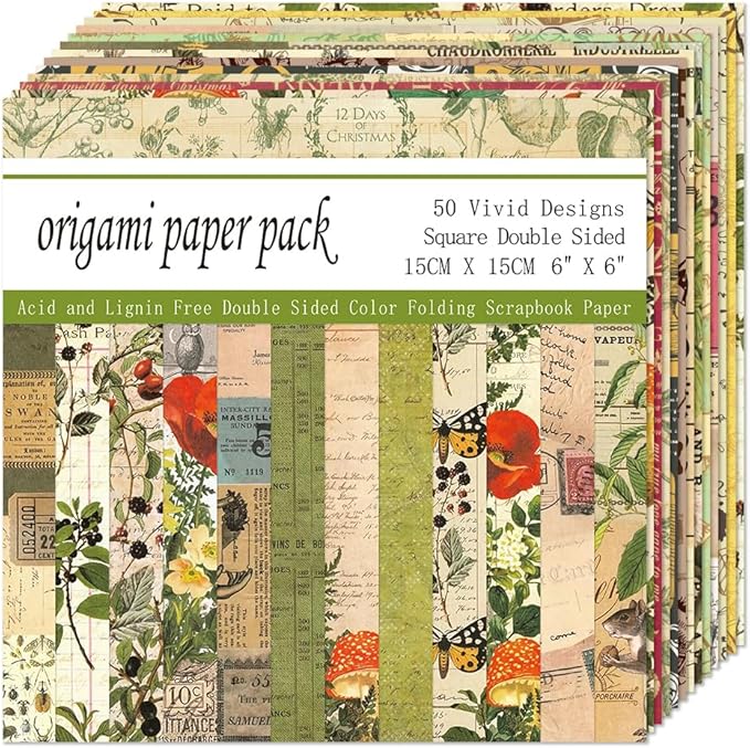 Square Origami Paper 6x6 Double Sided 50 Sheets 50 Colors 70GSM Origami Kit Japanese Chiyo Easy Fold Arts Crafts DIY Handwork Beginner Retro Newspapers