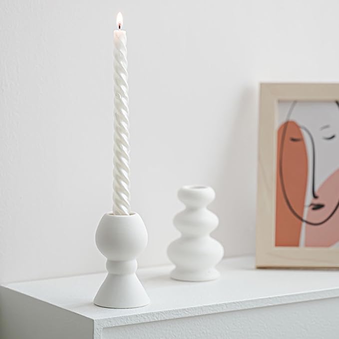 Taper Ceramic Candle Holders, Set of 2 Matte Boho Decorative Candlestick Holders,Table Decor Centerpiece for Home Decor Dinning Wedding Party Aromatherapy Votive (White, Style A)