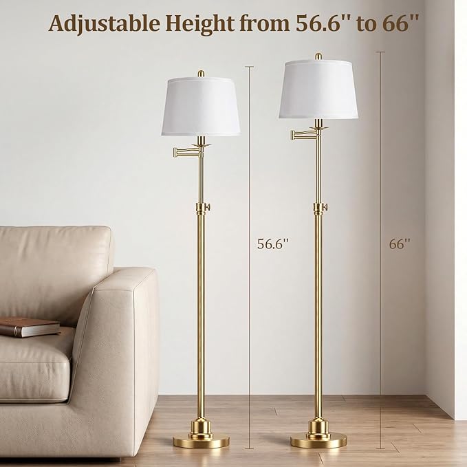 Vintage Floor Lamp for living room, Brushed Antique Brass Farmhouse Standing Lamp with 350° Swivel Swing Arm, 56.6''-66'' Mid Century Modern Height Adjustable Tall Lamp for Bedroom (LED Bulb Included)