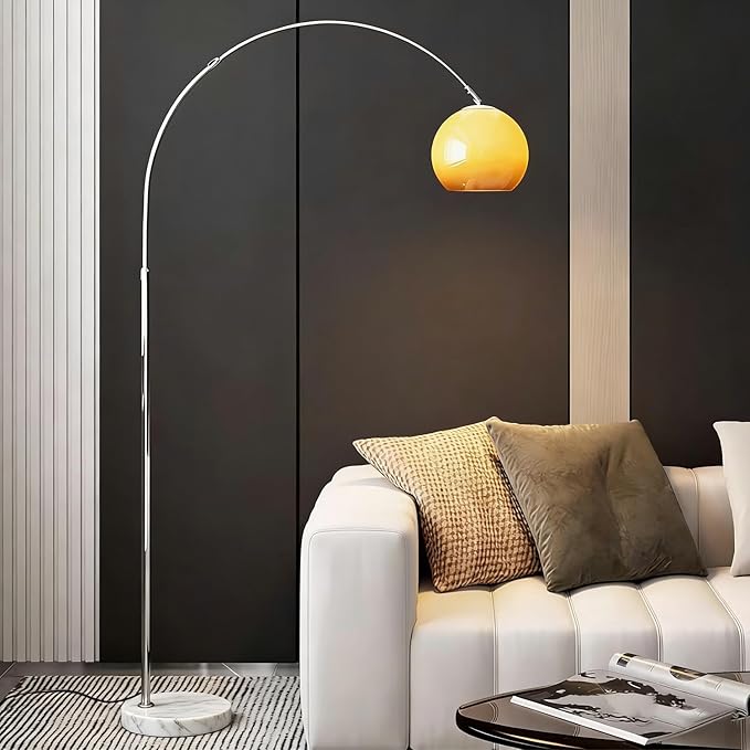 MIXL-Arc Floor Lamp with Glass Lampshade,Orange Living Room Floor Lamp,Adjustable Height Reading Standing Lamps.Mid Century Modern Standing Light for Bedroom and Couch