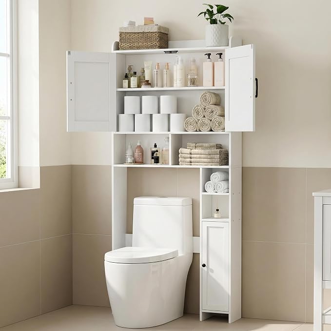 Homhedy Over The Toilet Storage Cabinet, White | 2 Barn Door, Toilet Paper Holder Stand, Freestanding Toilet Shelf, Space Saver, for Bathroom, Restroom, Laundry