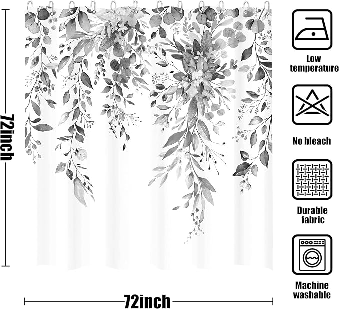 Gray and White Eucalyptus Shower Curtain Watercolor Grey Floral Plant Leaf Shower Curtains for Bathroom Botanical Flower Waterproof Fabric Bath Curtain Decor with Hooks (Black, 72'' x 72'')