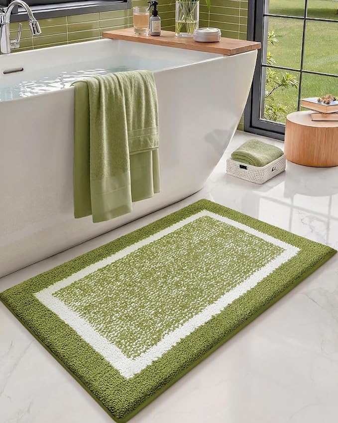 Color&Geometry Simple and Stylish Large Bath Mats for Bathroom Non Slip, 24"x36" Moss Green and Ivory Bathroom Rugs, Absorbent, Soft, Washable, Microfiber Bath Rug Shower Mat Outside Shower
