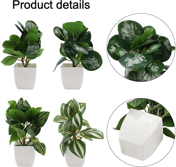 FABULETTA Artificial Potted Plants Set of 4 Small Faux Greenery for Indoor Home Decor, Realistic Plastic Mini Plants for Living Room, Bedroom, Kitchen, Office Shelves