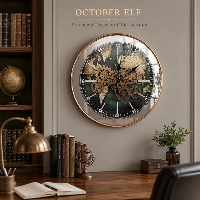 October Elf Large Moving Gear Wall Clock 23 Inch | Moving Gears/Industrial Iron Frame/Mirrored Glass/ World Map Dial/Modern /Extra Hands/ Living Room Decor/Housing Warming Gift
