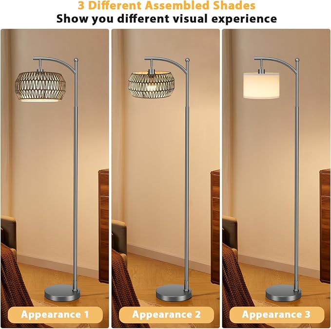 Ambimall Arc Floor Lamp for Living Room with Remote, Color Temperature & Brightness Adjustable, Bohemia Standing Lamp with Rattan & Fabric Double Drum Shades, Bulb Included(Deep Gray)