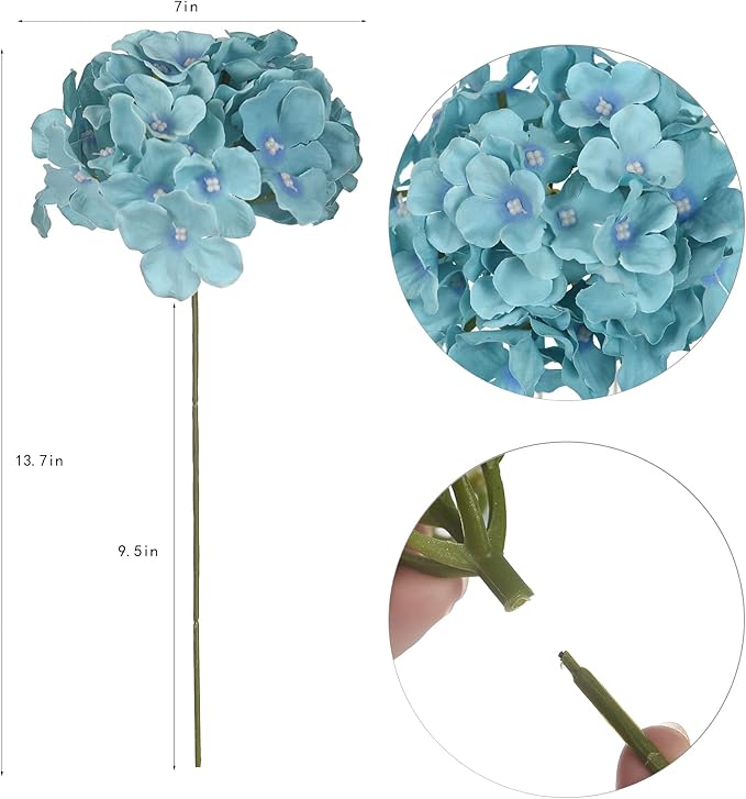 10PCS Artificial Hydrangea Flowers, Fake Hydrangea Silk Flowers Heads with Stems for Wedding Home Party Shop Baby Shower Decoration-Lake Blue