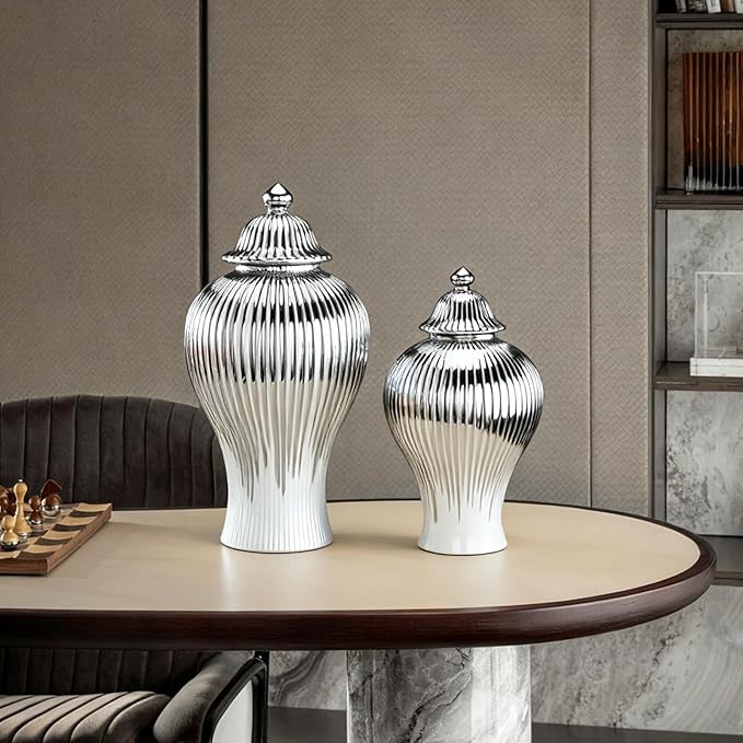 Ginger Jar, White Gold Ceramic Vase Large Handmade Porcelain Vases with Lid, White Gold Decorative Flower Vase for Home, Living Room, Weddings, Centerpieces (B-Silver-Medium)