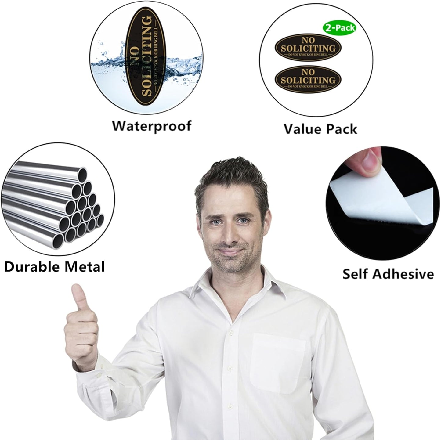 Skiennix No Soliciting Sign - Self-Adhesive Front Door Sticker | 2 Pack, Black/Gold, Small (5" x 2")