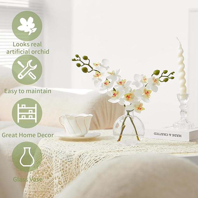 Artificial Orchid White Artificial Flower 10 in Small Fake Plant Table Shelf Decor Flower with Vase Fake Water
