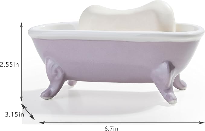 6.7" Ceramic Mini Clawfoot Bathtub Bar Soap Dish, Decorative Bar Soap Holder, Soap Tray Sponge Holder for Shower, Bathroom & Kitchen Sink (Purple)