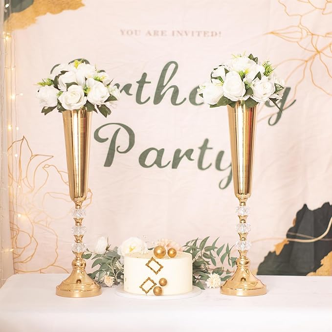 Tabletop Metal Vase Set of 2, Decorative Gold Vases for Centerpieces, Trumpet Vases for Flowers, Tall Table Flower Arrangements for Anniversary Birthday Party Wedding Home Decor (Gold- 2pcs)