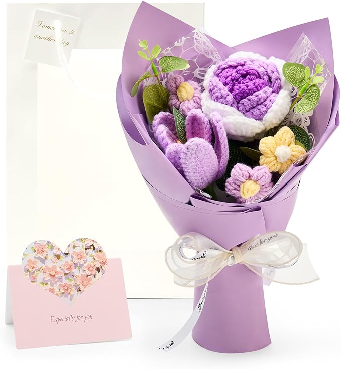 Crochet Flowers Bouquet Gift for Wife Girlfriend Fiancee Mother Women, Handmade Artificial Knit Purple Rose Tulip Flower for Wedding Anniversary Birthday Valentine's Day Present, Home Decor