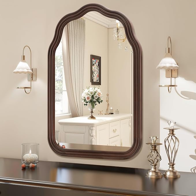 Tanmicoshomy Wood Arch Bathroom Mirror 24x36 Inch, Rustic Wavy Natural Wooden Framed Mirrors with Shatterproof Glass for Living Room, Bedroom or Entryway (Dark Brown)
