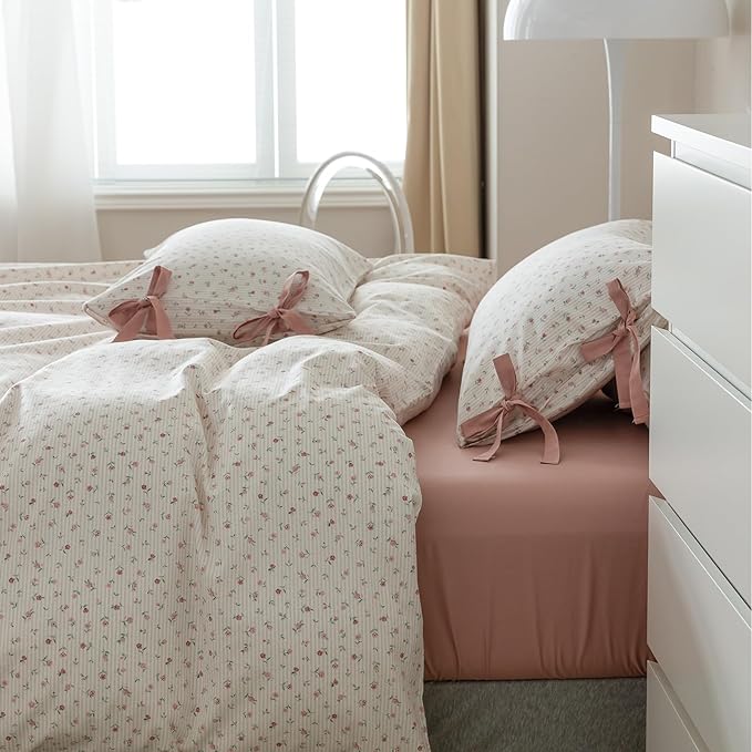 EAVD Fresh Garden Pink Floral Duvet Cover Twin Soft 100% Cotton Small Pink Floral Bedding Set for Girls with 2 Pillowcases Chic Shabby Botanical Duvet Cover with Zipper Closure