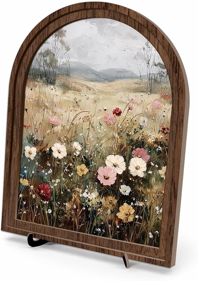 Rustic Farmhouse Tabletop Decor Sign, Arched Wooden Frame with Stand, Soft Wildflower Meadow Art for Living Room Dining Room Bedroom, Warm Gift for Friends