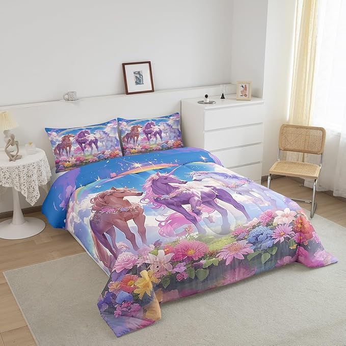 Castle Fairy Dreamy Unicorn Comforter Set King Size,Rainbow Blue Sky Colorful Flowers Reversible Bedding Set All Season Quilt Set,Cartoon Animal Floral Galaxy Microfiber Polyester Down Comforter