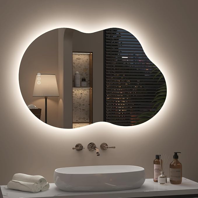 20x32 Inch Irregular Backlit Bathroom Mirror with Lights, Asymmetrical Cloud Lighted Vanity Mirror for Wall, Anti-Fog, Dimmable, Memory, 3 Colors (Horizontal/Vertical)
