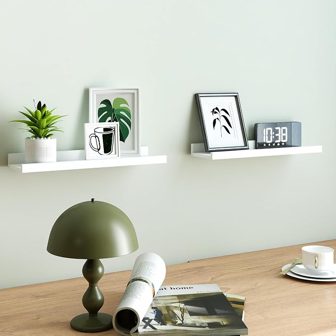 White Floating Shelves for Wall Decor, Wall Mounted Wood Storage Shelf for Bedroom, Living Room, Bathroom, Kitchen, Nursery, Display Picture Ledge Shelf with Lip Set of 2-16 Inches, White