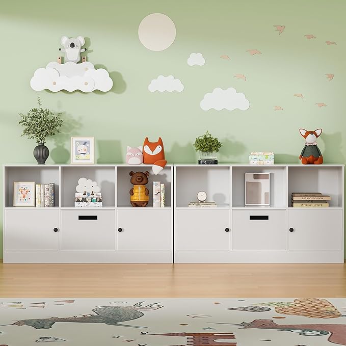 2-Tier Open Bookcase with 2 Doors, 6-Cube Wooden Bookshelf with Fabric Drawer, Floor Standing Display Cabinet Organizer, Kids Open Shelf Low Bookcase for Living Room, Bedroom, Office, White