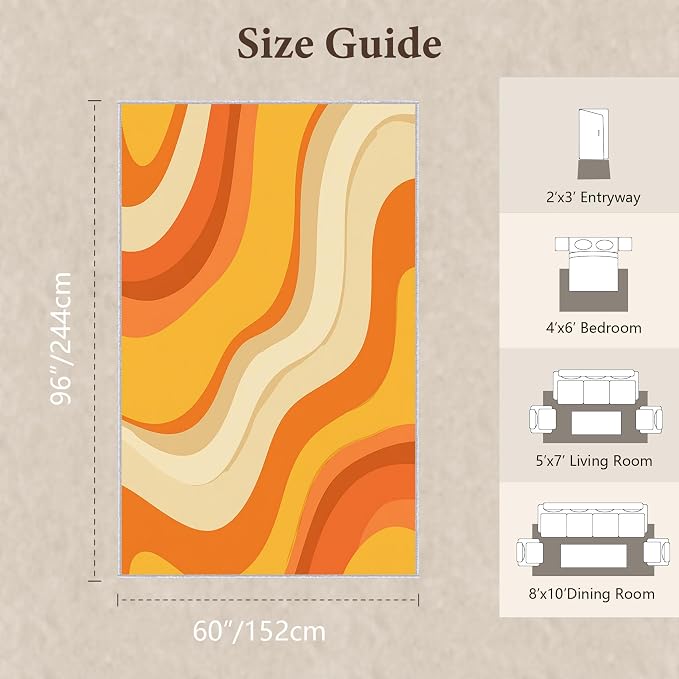 Sunset Flow Area Rug 5x8, Modern Abstract Wave Rug, Retro Orange Neutral Carpet for Living Room Bedroom, Soft Non Slip Washable Rug