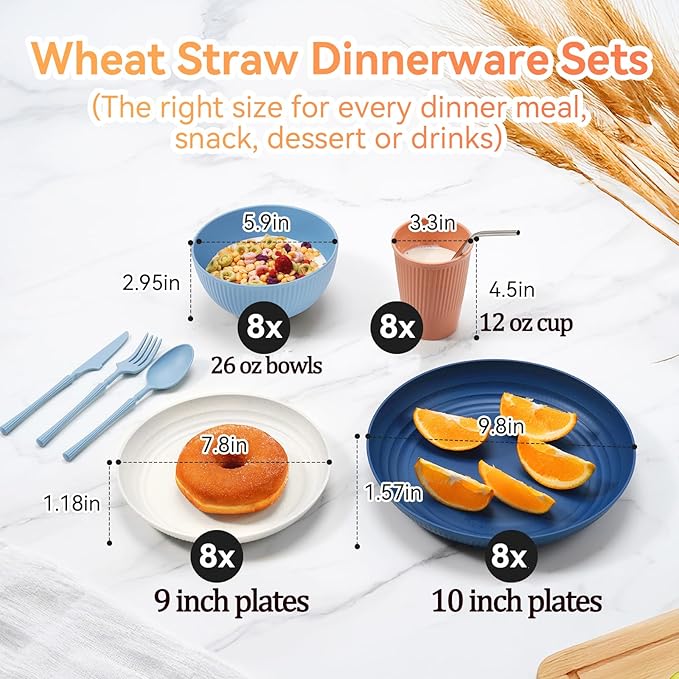 Wheat Straw Dinnerware Sets,64-Piece Beige Plates and Bowls Sets for 8-Unbreakable,Reusable Plastic Dish Set-Dinner Plate/Dessert Plate/Cereal Bowl/Cup/Utensils-Microwavable Dishwasher Safe 64P-Beige