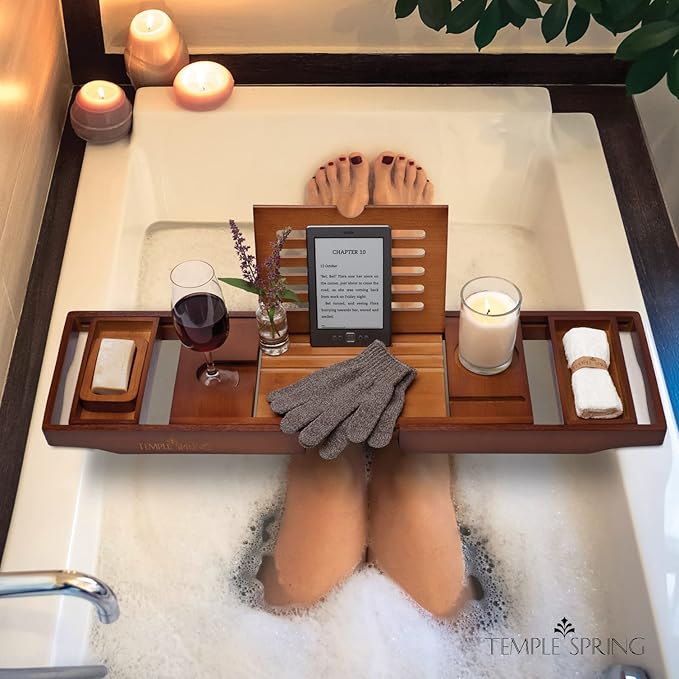Temple Spring Bamboo Bathtub Tray Caddy for Tub — Expandable Wood Bath Tray with Solid Book Stand Wine Holder and Non-Slip Pads — Includes Bamboo Soap Dish and Spa Accessories — Luxury Bath Gift Set