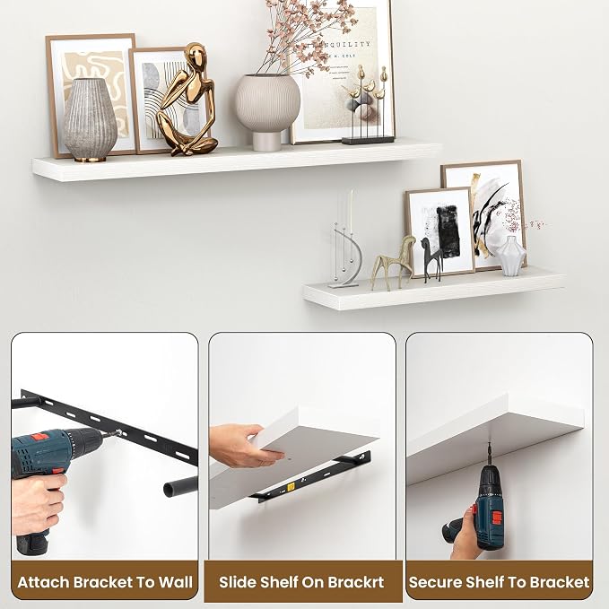Heimlove Floating Shelves for Wall,16 inchs Shelf for Small Bathroom,Mounted Storage & Display Wood Shelves for Bedroom,Living Room,Kitchen,Office,Set of 2,White