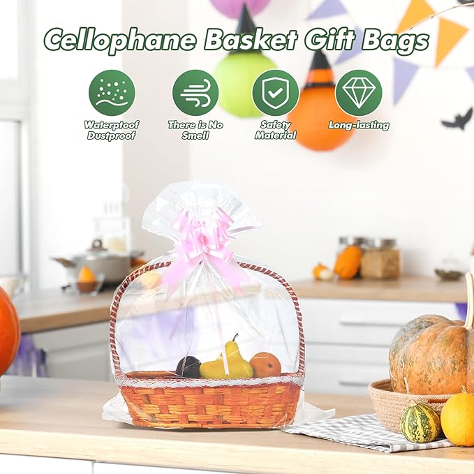 100 Packs 32” x 40” Gift Wrap Cellophane Bags for Basket Extra-large Jumbo Clear Cellophane Wraps Clear Huge Cello Bags for Basket, Gift, Christmas Tree, Treat, Art and Craft, 100ct Light Pink Bows