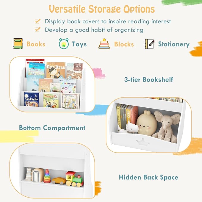 HONEY JOY Kids Bookshelf and Toy Storage, 3-Tier Wooden Toddler Bookcase, Children Book Rack, Large Storage Cubby Cabinet, Book Shelf for Kids Rooms, Playroom, Nursery, Classroom, White