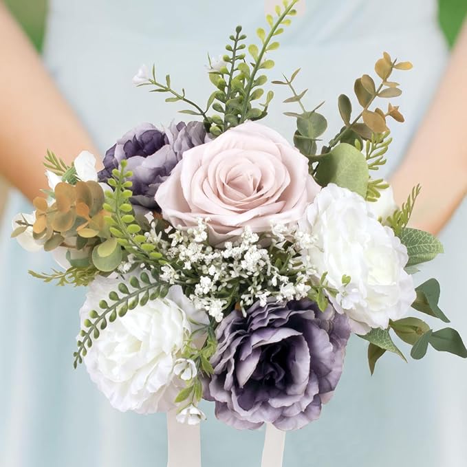 Wedding Bouquets for Bride, Purple & Ivory & Pink Bridal Bridesmaid Wedding Flowers, Artificial Toss Rose for Civil Ceremony, Multicolor, Home Decor