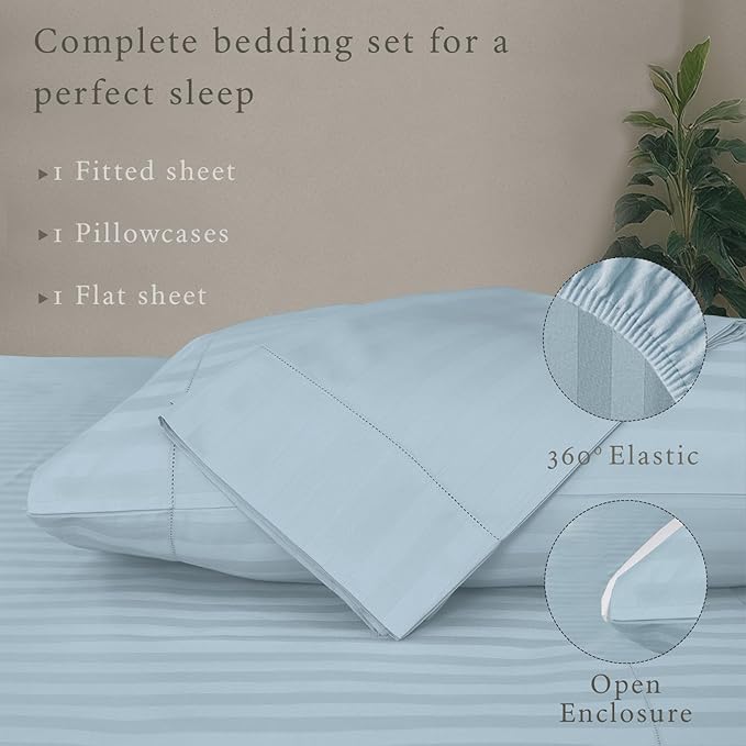 Threadmill 500 Thread Count Twin-XL Size Damask Stripe, 3 Pc Luxury Cotton Bed Sheet Set, Breathable Light Blue Sheets with 15" Elasticized Deep Pocket, 1 Pillowcase & Free Tote Bag