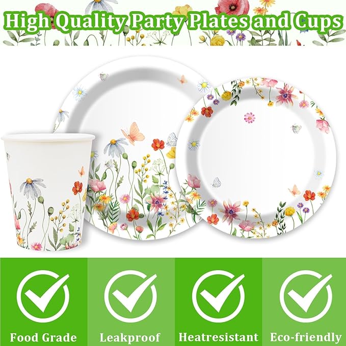 Wildflower Party Plates and Napkins supplies, Floral Paper Plates Wildflower Baby ShowerDecorations Tableware for Spring Summer Pinic Wedding Birthday Tea Party Service 24 Guests