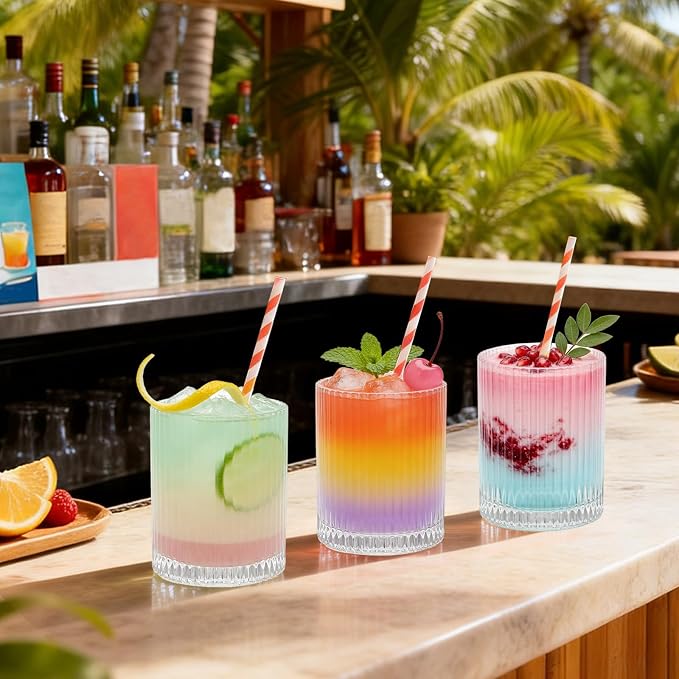 XKXKKE 14 oz Ribbed Drinking Glasses Set of 6, High Clear Vintage Iced Coffee Cups Elegant Glassware, Highball Glass Cups Ridged Glass Tumbler for Cocktail, Whiskey, Beer, Water, Juice, Origami Style